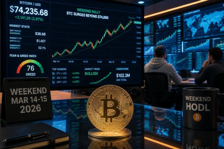 bitcoin surges past $74,000 in a strong weekend rally. get the full crypto recap for march 14-15, 2026, including market trends and key insights.