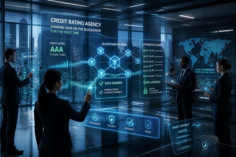 discover how a credit rating agency is pioneering the finance industry by sharing data directly on the blockchain for the first time, enhancing transparency and security.