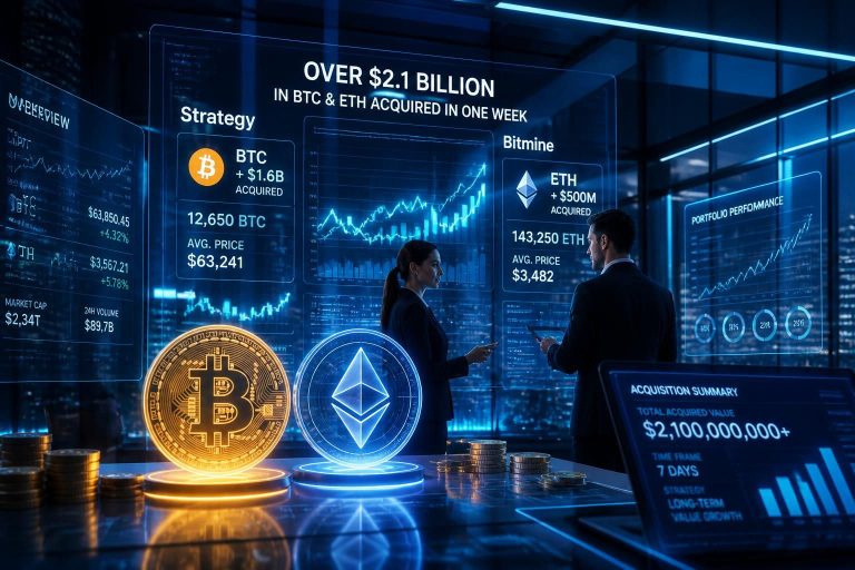 strategy and bitmine make a significant move by acquiring over $2.1 billion worth of bitcoin and ethereum in just one week, highlighting major investments in the crypto market.